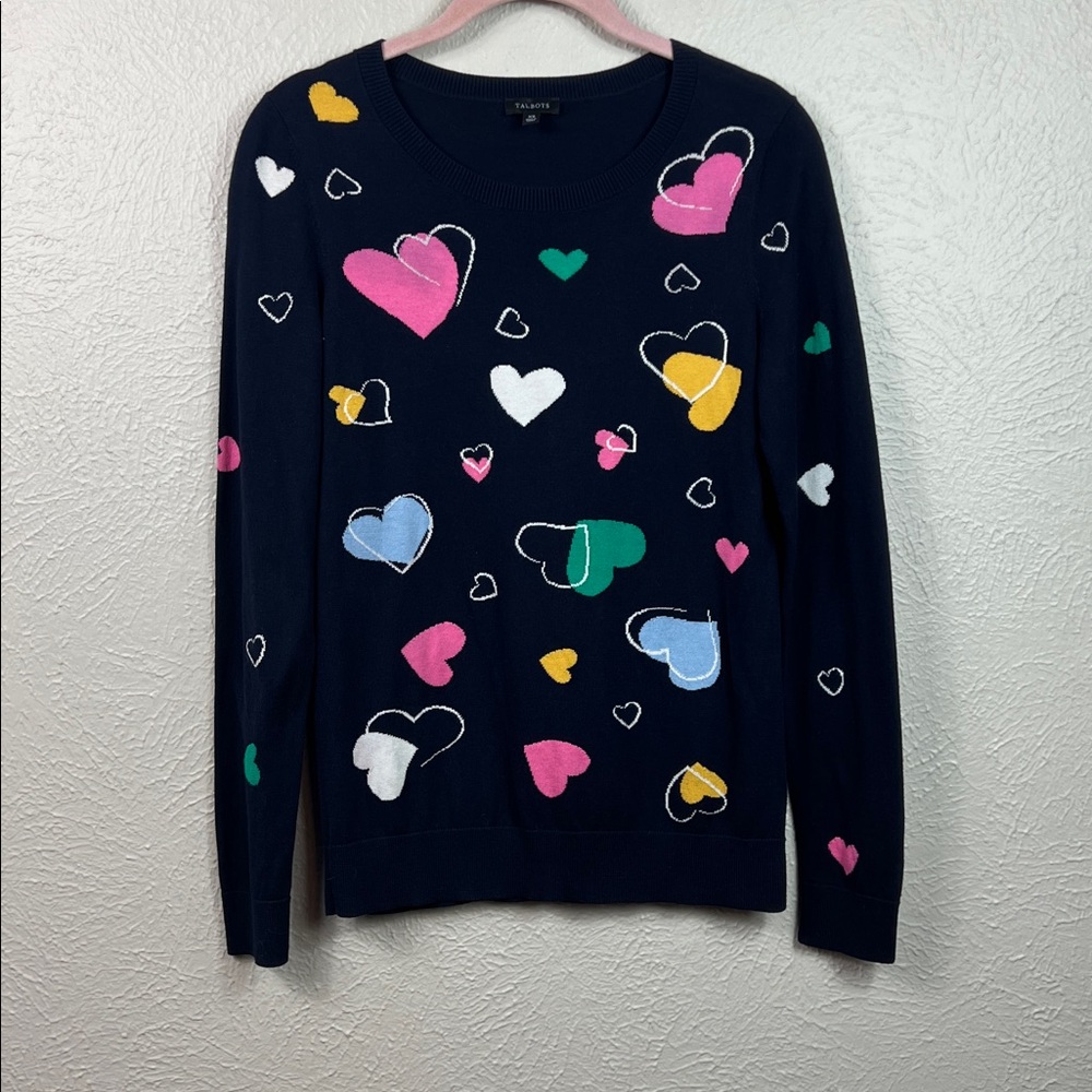 Talbots Heart Print Valentine Navy Blue Scoop Neck Long Sleeve Sweater XS